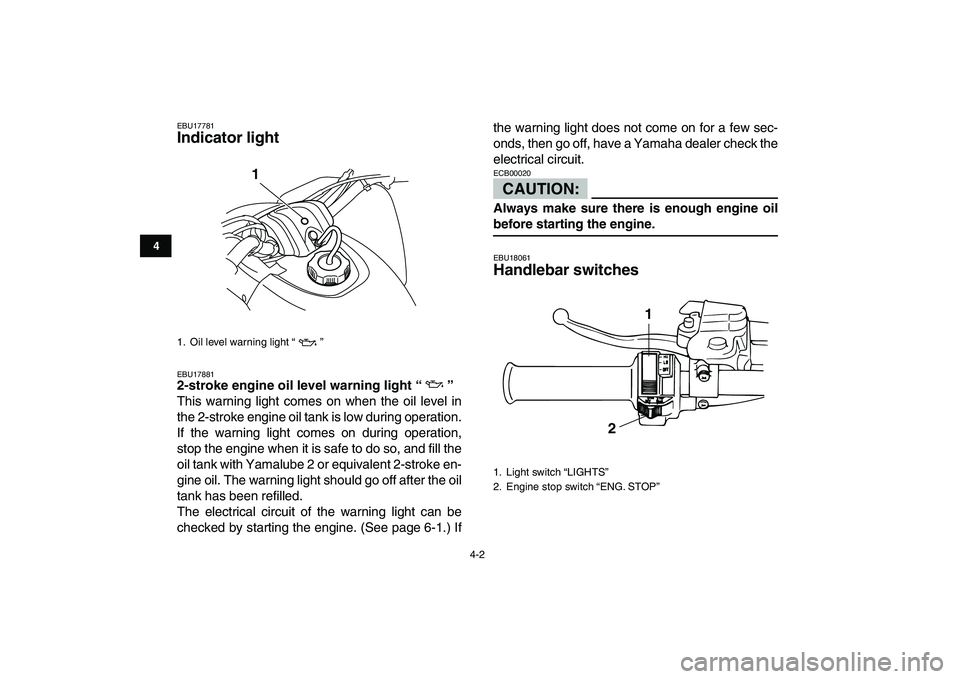 YAMAHA BLASTER 200 2007 Owners Manual  
4-2 
1
2
34
5
6
7
8
9
10
11
 
EBU17781 
Indicator light  
EBU17881 
2-stroke engine oil level warning light “”  
This warning light comes on when the oil level in
the 2-stroke engine oil tank is