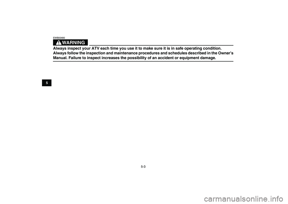 YAMAHA BLASTER 200 2007  Owners Manual  
5-3 
1
2
3
45
6
7
8
9
10
11
WARNING
 
EWB00480  
Always inspect your ATV each time you use it to make sure it is in safe operating condition. 
Always follow the inspection and maintenance procedures
