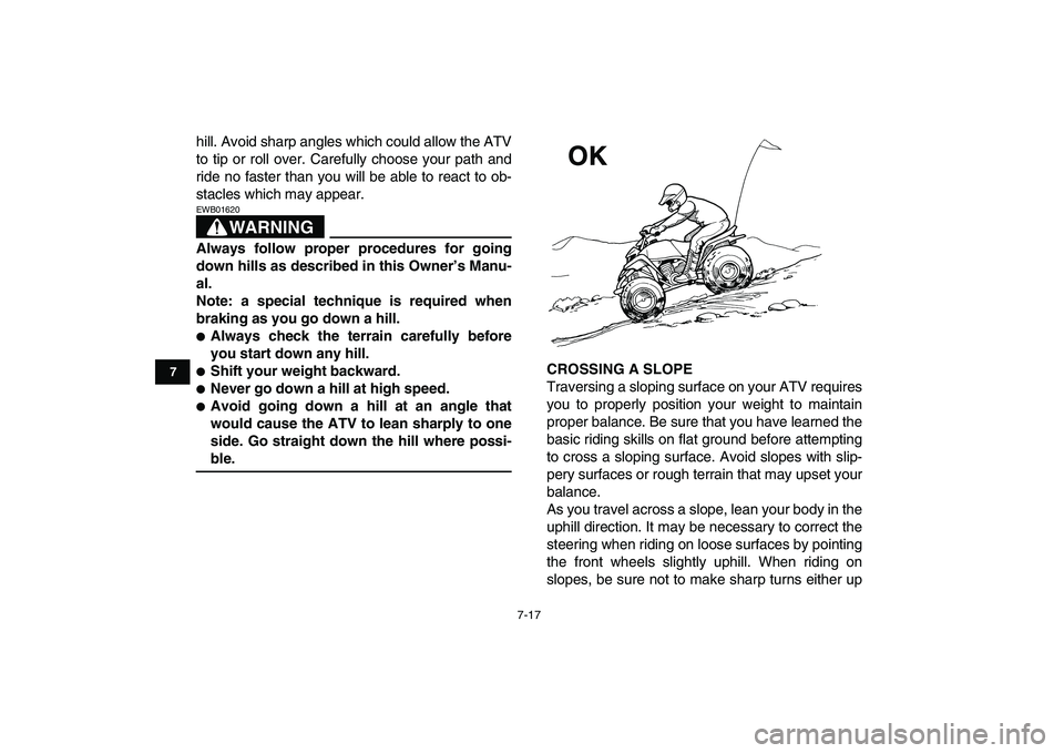 YAMAHA BLASTER 200 2007  Owners Manual  
7-17 
1
2
3
4
5
67
8
9
10
11
 
hill. Avoid sharp angles which could allow the ATV
to tip or roll over. Carefully choose your path and
ride no faster than you will be able to react to ob-
stacles whi