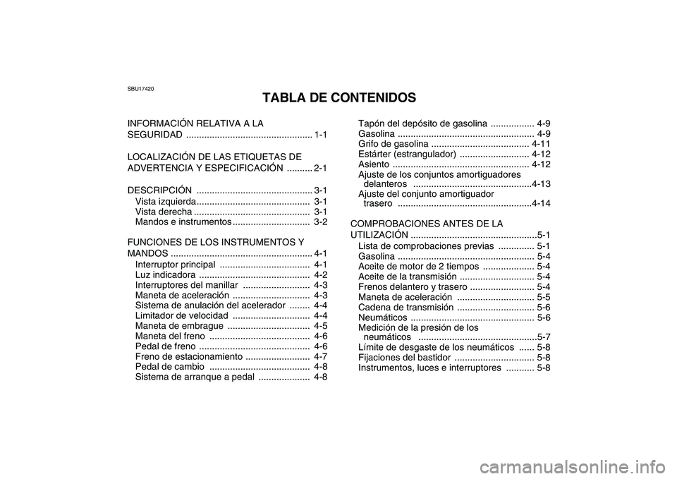 YAMAHA BLASTER 200 2007 Manuale de Empleo (in Spanish)
SBU17420
TABLA DE CONTENIDOS
INFORMACIÓN RELATIVA A LA
SEGURIDAD ................................................. 1-1
LOCALIZACIÓN DE LAS ETIQUETAS DE
ADVERTENCIA Y ESPECIFICACIÓN ......... YAMAHA BLASTER 200 2007 Manuale de Empleo (in Spanish)
SBU17420
TABLA DE CONTENIDOS
INFORMACIÓN RELATIVA A LA
SEGURIDAD ................................................. 1-1
LOCALIZACIÓN DE LAS ETIQUETAS DE
ADVERTENCIA Y ESPECIFICACIÓN .........