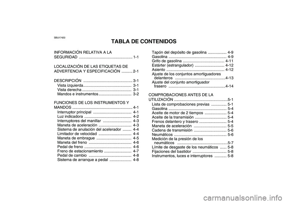 YAMAHA BLASTER 200 2007  Manuale de Empleo (in Spanish)  
SBU17420 
TABLA DE CONTENIDOS 
INFORMACIÓN RELATIVA A LA 
SEGURIDAD ................................................. 1-1
LOCALIZACIÓN DE LAS ETIQUETAS DE 
ADVERTENCIA Y ESPECIFICACIÓN  .........