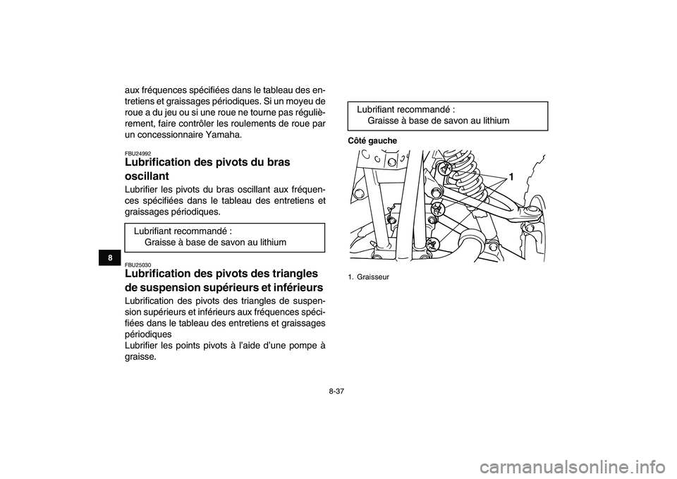 YAMAHA BLASTER 200 2007 Notices Demploi (in French)
8-37
1
2
3
4
5
6
78
9
10
11
aux fréquences spécifiées dans le tableau des en-
tretiens et graissages périodiques. Si un moyeu de
roue a du jeu ou si une roue ne tourne pas réguliè-
rement, YAMAHA BLASTER 200 2007 Notices Demploi (in French)
8-37
1
2
3
4
5
6
78
9
10
11
aux fréquences spécifiées dans le tableau des en-
tretiens et graissages périodiques. Si un moyeu de
roue a du jeu ou si une roue ne tourne pas réguliè-
rement,