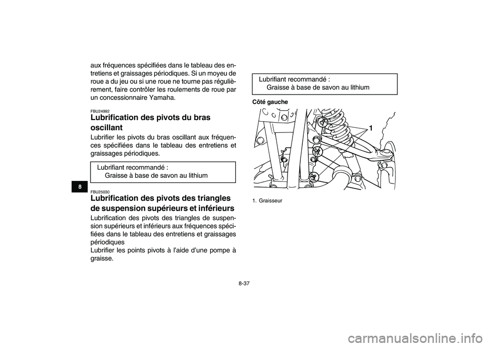 YAMAHA BLASTER 200 2007  Notices Demploi (in French)  
8-37 
1
2
3
4
5
6
78
9
10
11
 
aux fréquences spécifiées dans le tableau des en-
tretiens et graissages périodiques. Si un moyeu de
roue a du jeu ou si une roue ne tourne pas réguliè-
rement, 