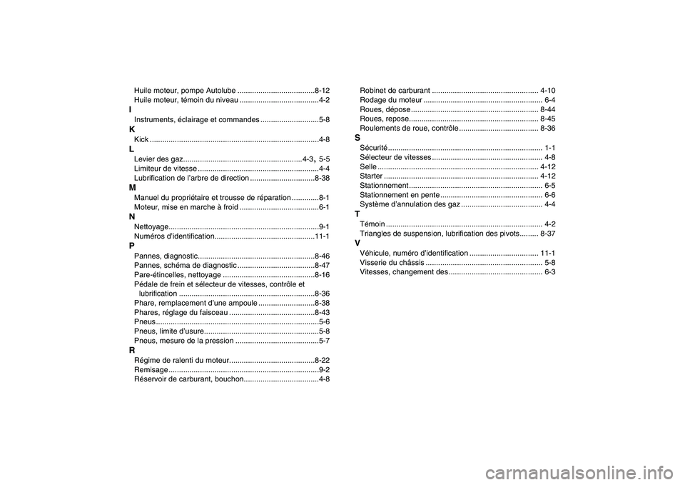 YAMAHA BLASTER 200 2007  Notices Demploi (in French)  
Huile moteur, pompe Autolube .....................................8-12
Huile moteur, témoin du niveau ......................................4-2 
I 
Instruments, éclairage et commandes ............