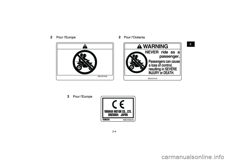 YAMAHA BLASTER 200 2007  Notices Demploi (in French)  
2-4 
12
3
4
5
6
7
8
9
10
11
2
5FK-2151H-00
WARNINGNEVER ride   as   a
passenger.
Passengers can causea loss of control,resulting in SEVEREINJURY or DEATH.5FE-2151H-01
Pour lÕEurope Pour lÕOcŽania