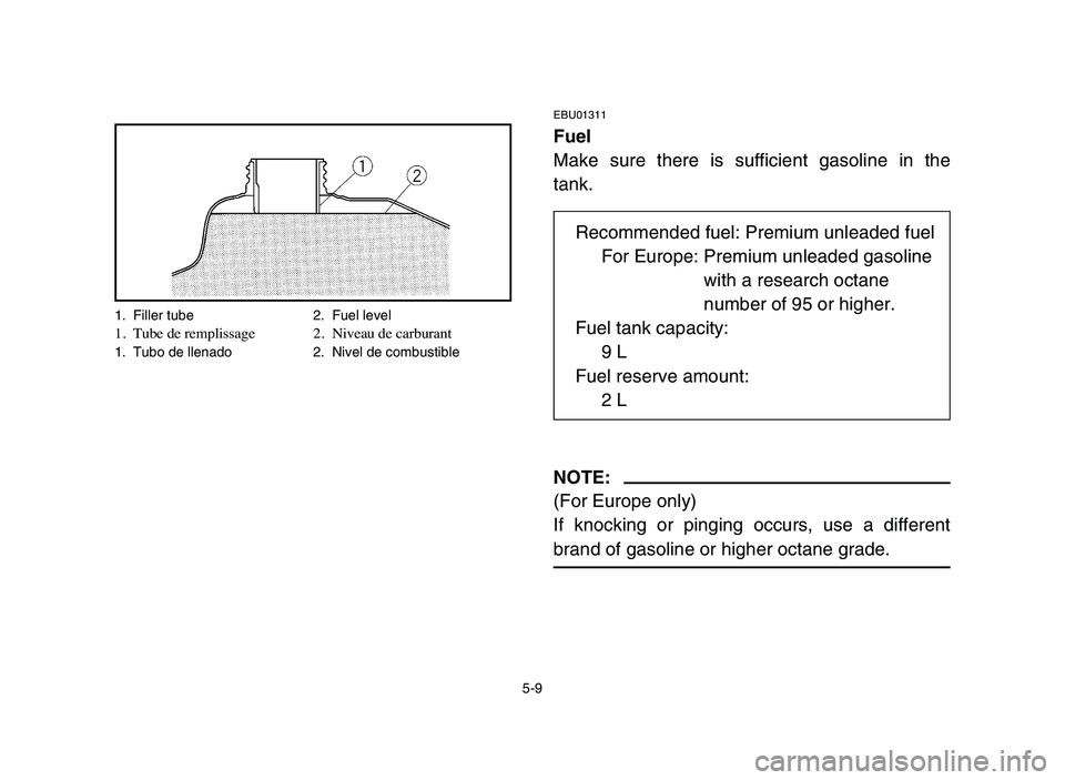 YAMAHA BLASTER 200 2006 Owners Manual 5-9
EBU01311
Fuel
Make sure there is sufficient gasoline in the
tank.
NOTE:
(For Europe only)
If knocking or pinging occurs, use a different
brand of gasoline or higher octane grade.
1. Filler tube 2. YAMAHA BLASTER 200 2006 Owners Manual 5-9
EBU01311
Fuel
Make sure there is sufficient gasoline in the
tank.
NOTE:
(For Europe only)
If knocking or pinging occurs, use a different
brand of gasoline or higher octane grade.
1. Filler tube 2.