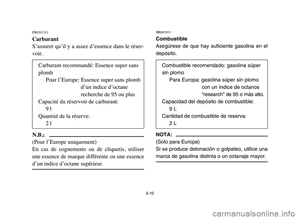 YAMAHA BLASTER 200 2006 Owners Manual 5-10
FBU01311
Carburant
S’assurer qu’il y a assez d’essence dans le réser-
voir.
N.B.:
(Pour l’Europe uniquement)
En cas de cognements ou de cliquetis, utiliser
une essence de marque d YAMAHA BLASTER 200 2006 Owners Manual 5-10
FBU01311
Carburant
S’assurer qu’il y a assez d’essence dans le réser-
voir.
N.B.:
(Pour l’Europe uniquement)
En cas de cognements ou de cliquetis, utiliser
une essence de marque d