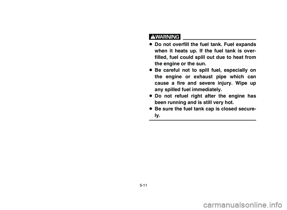 YAMAHA BLASTER 200 2006  Owners Manual 5-11
w
8Do not overfill the fuel tank. Fuel expands
when it heats up. If the fuel tank is over-
filled, fuel could spill out due to heat from
the engine or the sun.
8Be careful not to spill fuel, espe