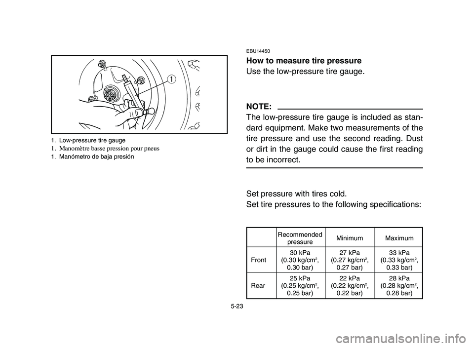 YAMAHA BLASTER 200 2006 Owners Manual 5-23
EBU14450
How to measure tire pressure
Use the low-pressure tire gauge.
NOTE:
The low-pressure tire gauge is included as stan-
dard equipment. Make two measurements of the
tire pressure and use th YAMAHA BLASTER 200 2006 Owners Manual 5-23
EBU14450
How to measure tire pressure
Use the low-pressure tire gauge.
NOTE:
The low-pressure tire gauge is included as stan-
dard equipment. Make two measurements of the
tire pressure and use th