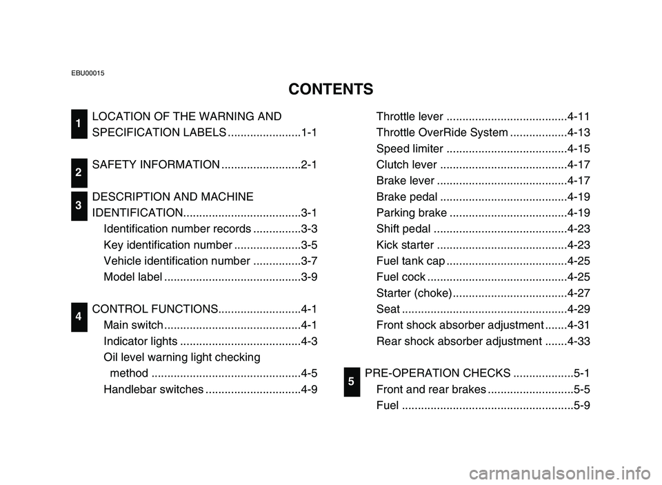 YAMAHA BLASTER 200 2006  Owners Manual LOCATION OF THE WARNING AND
SPECIFICATION LABELS .......................1-1
SAFETY INFORMATION .........................2-1
DESCRIPTION AND MACHINE
IDENTIFICATION.....................................3
