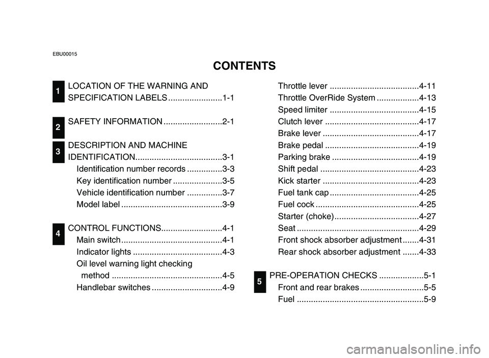 YAMAHA BLASTER 200 2006 User Guide LOCATION OF THE WARNING AND
SPECIFICATION LABELS .......................1-1
SAFETY INFORMATION .........................2-1
DESCRIPTION AND MACHINE
IDENTIFICATION.....................................3