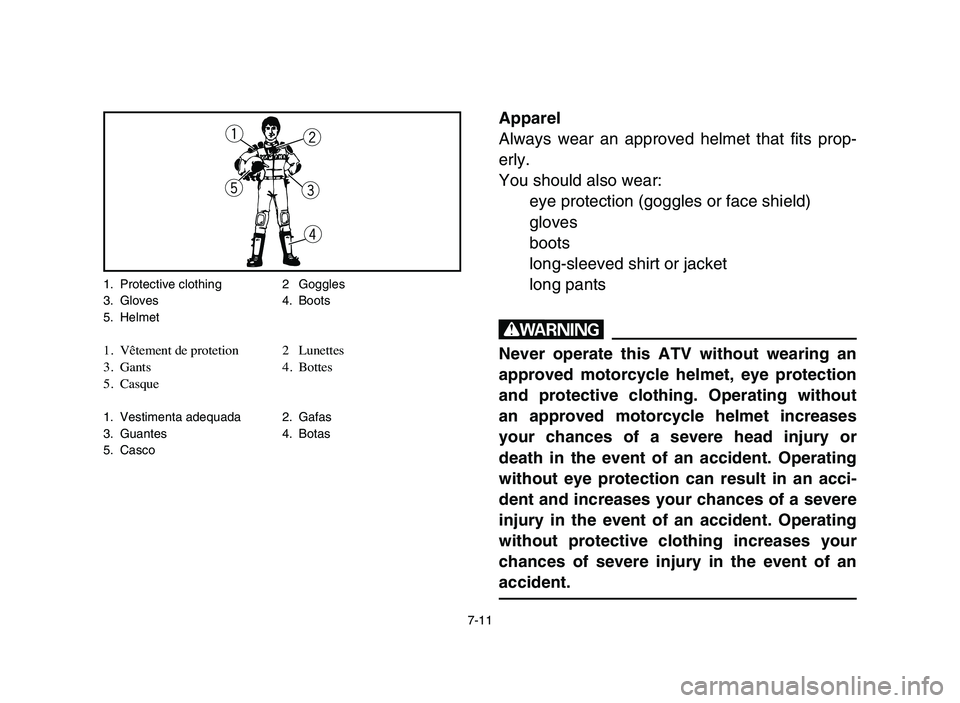 YAMAHA BLASTER 200 2006 Owners Manual 7-11
Apparel
Always wear an approved helmet that fits prop-
erly.
You should also wear:
eye protection (goggles or face shield)
gloves
boots
long-sleeved shirt or jacket
long pants
w
Never operate thi YAMAHA BLASTER 200 2006 Owners Manual 7-11
Apparel
Always wear an approved helmet that fits prop-
erly.
You should also wear:
eye protection (goggles or face shield)
gloves
boots
long-sleeved shirt or jacket
long pants
w
Never operate thi