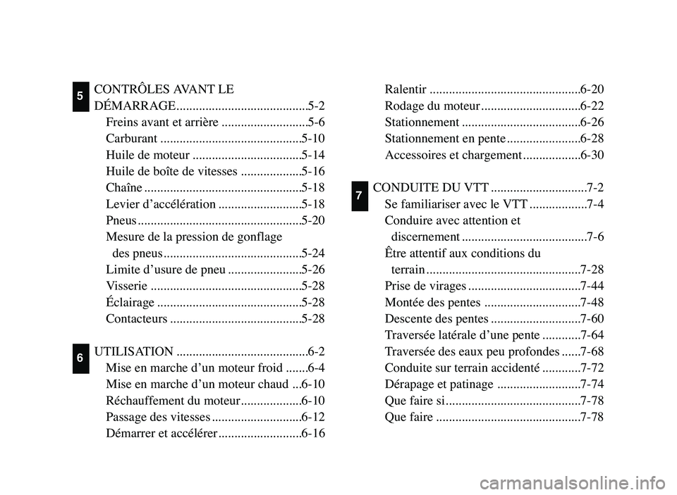 YAMAHA BLASTER 200 2006 User Guide CONTRÔLES AVANT LE 
DÉMARRAGE.........................................5-2
Freins avant et arrière ...........................5-6
Carburant ............................................5-10
Huile de 