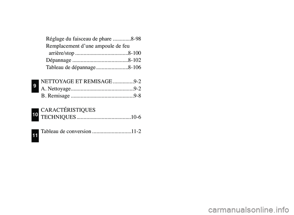 YAMAHA BLASTER 200 2006 Owners Manual Réglage du faisceau de phare .............8-98
Remplacement d’une ampoule de feu
arrière/stop ......................................8-100
Dépannage ........................................8-102
T