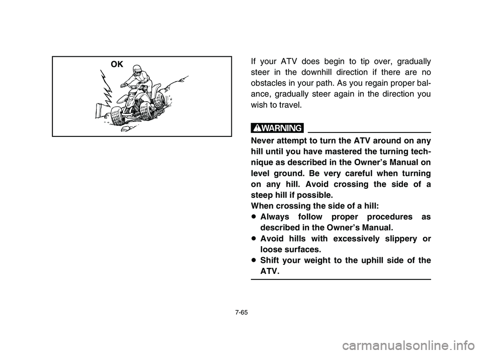 YAMAHA BLASTER 200 2006  Owners Manual 7-65
If your ATV does begin to tip over, gradually
steer in the downhill direction if there are no
obstacles in your path. As you regain proper bal-
ance, gradually steer again in the direction you
wi
