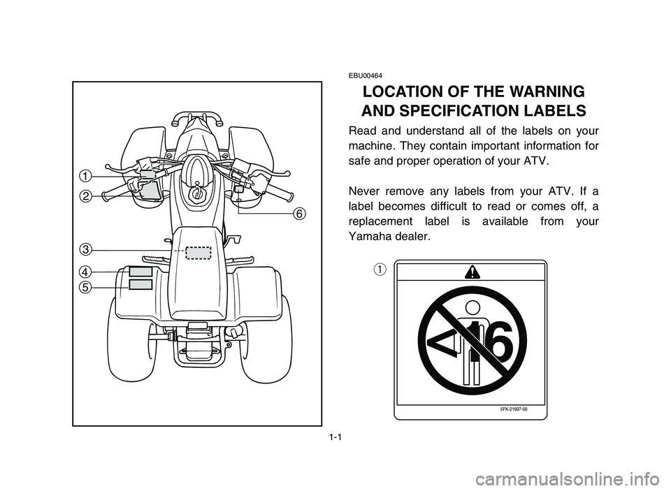 YAMAHA BLASTER 200 2006 Manuale de Empleo (in Spanish) 1-1
EBU00464
LOCATION OF THE WARNING
AND SPECIFICATION LABELS
Read and understand all of the labels on your
machine. They contain important information for
safe and proper operation of your ATV.
Never YAMAHA BLASTER 200 2006 Manuale de Empleo (in Spanish) 1-1
EBU00464
LOCATION OF THE WARNING
AND SPECIFICATION LABELS
Read and understand all of the labels on your
machine. They contain important information for
safe and proper operation of your ATV.
Never