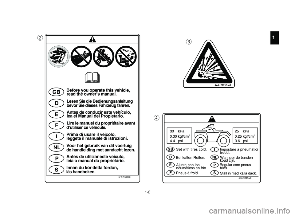 YAMAHA BLASTER 200 2006 Owners Manual 1
1-2
w
e
rq
GB
D
E
F
I
NL
P
SBefore you operate this vehicle,
read the owner’s manual.
Lesen Sie die Bedienungsanleitung
bevor Sie dieses Fahrzeug fahren.
Antes de conducir este vehículo,
lea el M