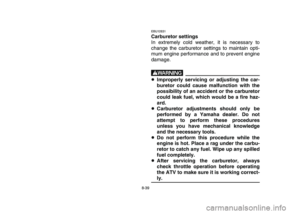 YAMAHA BLASTER 200 2006  Owners Manual 8-39
EBU12831
Carburetor settings
In extremely cold weather, it is necessary to
change the carburetor settings to maintain opti-
mum engine performance and to prevent engine
damage.
w
8Improperly serv