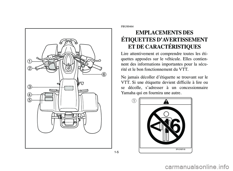 YAMAHA BLASTER 200 2006 Manuale de Empleo (in Spanish) FBU00464
EMPLACEMENTS DES
ÉTIQUETTES D’AVERTISSEMENT
ET DE CARACTÉRISTIQUES
Lire attentivement et comprendre toutes les éti-
quettes apposées sur le véhicule. Elles contien-
nent d YAMAHA BLASTER 200 2006 Manuale de Empleo (in Spanish) FBU00464
EMPLACEMENTS DES
ÉTIQUETTES D’AVERTISSEMENT
ET DE CARACTÉRISTIQUES
Lire attentivement et comprendre toutes les éti-
quettes apposées sur le véhicule. Elles contien-
nent d