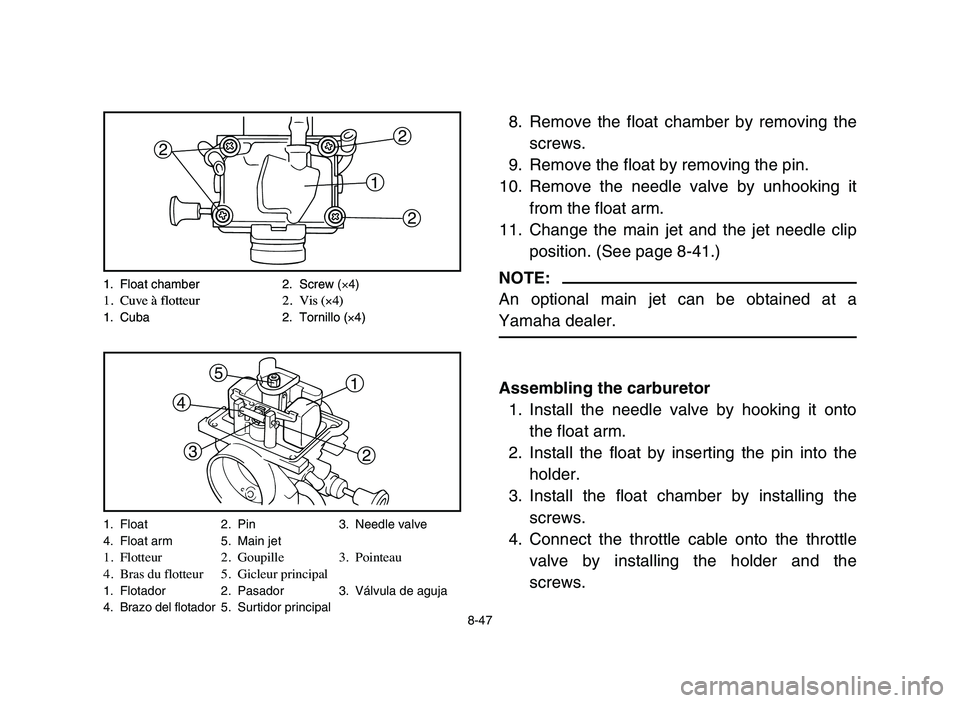 YAMAHA BLASTER 200 2006 Owners Manual 1. Float 2. Pin 3. Needle valve
4. Float arm 5. Main jet
1. Flotteur 2. Goupille 3. Pointeau
4. Bras du flotteur 5. Gicleur principal
1. Flotador 2. Pasador 3. Válvula de aguja
4. Brazo del flotador YAMAHA BLASTER 200 2006 Owners Manual 1. Float 2. Pin 3. Needle valve
4. Float arm 5. Main jet
1. Flotteur 2. Goupille 3. Pointeau
4. Bras du flotteur 5. Gicleur principal
1. Flotador 2. Pasador 3. Válvula de aguja
4. Brazo del flotador