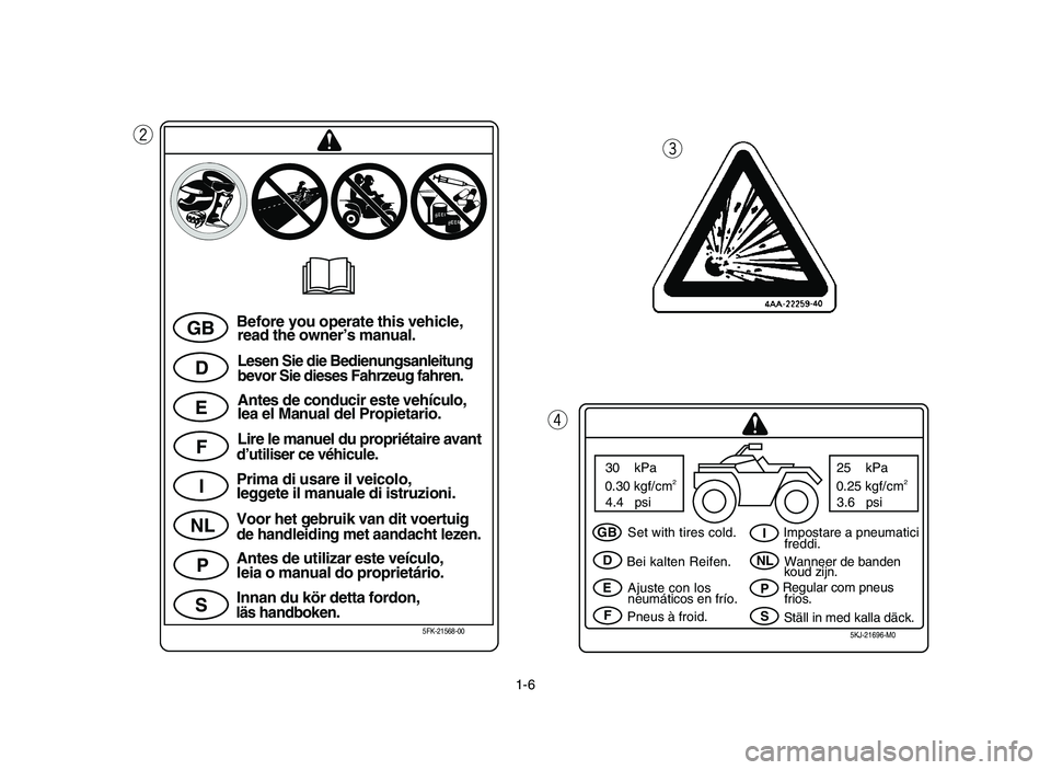 YAMAHA BLASTER 200 2006  Manuale de Empleo (in Spanish) 1-6
w
e
rq
GB
D
E
F
I
NL
P
SBefore you operate this vehicle,
read the owner’s manual.
Lesen Sie die Bedienungsanleitung
bevor Sie dieses Fahrzeug fahren.
Antes de conducir este vehículo,
lea el Man