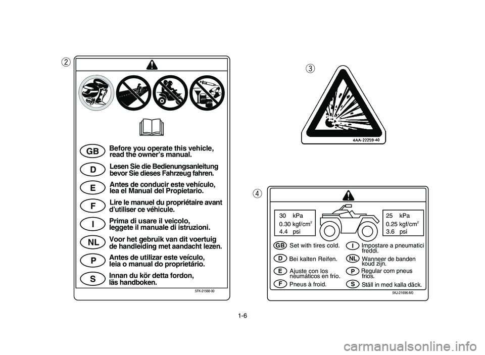 YAMAHA BLASTER 200 2006 Owners Guide 1-6
w
e
rq
GB
D
E
F
I
NL
P
SBefore you operate this vehicle,
read the owner’s manual.
Lesen Sie die Bedienungsanleitung
bevor Sie dieses Fahrzeug fahren.
Antes de conducir este vehículo,
lea el Man