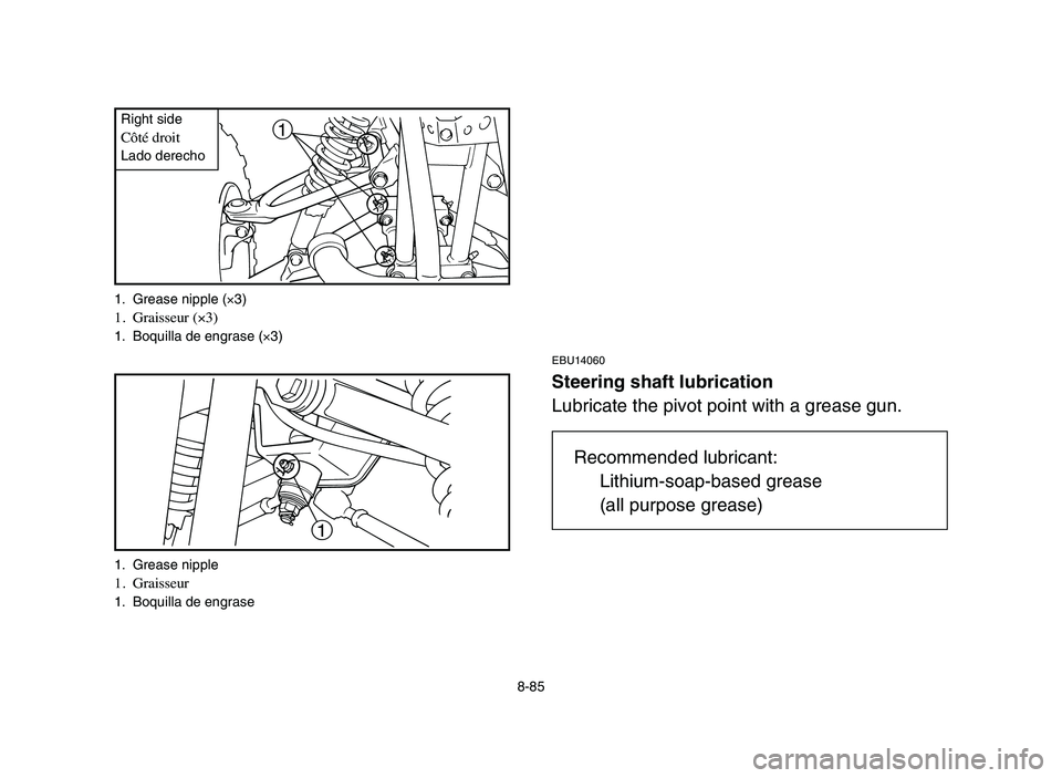 YAMAHA BLASTER 200 2006  Owners Manual 8-85
1Right sideCôté droitLado derecho
1
EBU14060
Steering shaft lubrication
Lubricate the pivot point with a grease gun.
Recommended lubricant:
Lithium-soap-based grease
(all purpose grease)
1. Gre