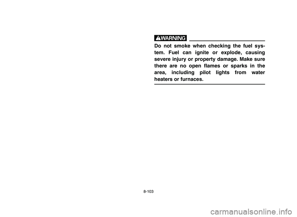 YAMAHA BLASTER 200 2006 Owners Manual 8-103
w
Do not smoke when checking the fuel sys-
tem. Fuel can ignite or explode, causing
severe injury or property damage. Make sure
there are no open flames or sparks in the
area, including pilot li YAMAHA BLASTER 200 2006 Owners Manual 8-103
w
Do not smoke when checking the fuel sys-
tem. Fuel can ignite or explode, causing
severe injury or property damage. Make sure
there are no open flames or sparks in the
area, including pilot li