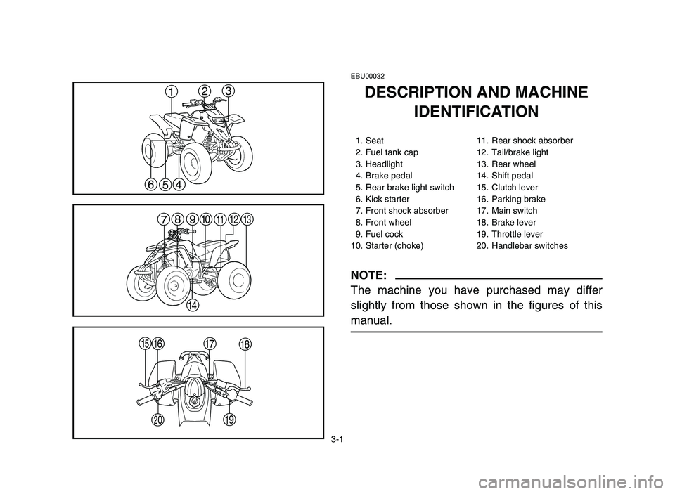 YAMAHA BLASTER 200 2006 Workshop Manual 3-1
EBU00032
DESCRIPTION AND MACHINE
IDENTIFICATION
1. Seat 11. Rear shock absorber
2. Fuel tank cap 12. Tail/brake light
3. Headlight 13. Rear wheel
4. Brake pedal 14. Shift pedal
5. Rear brake light YAMAHA BLASTER 200 2006 Workshop Manual 3-1
EBU00032
DESCRIPTION AND MACHINE
IDENTIFICATION
1. Seat 11. Rear shock absorber
2. Fuel tank cap 12. Tail/brake light
3. Headlight 13. Rear wheel
4. Brake pedal 14. Shift pedal
5. Rear brake light