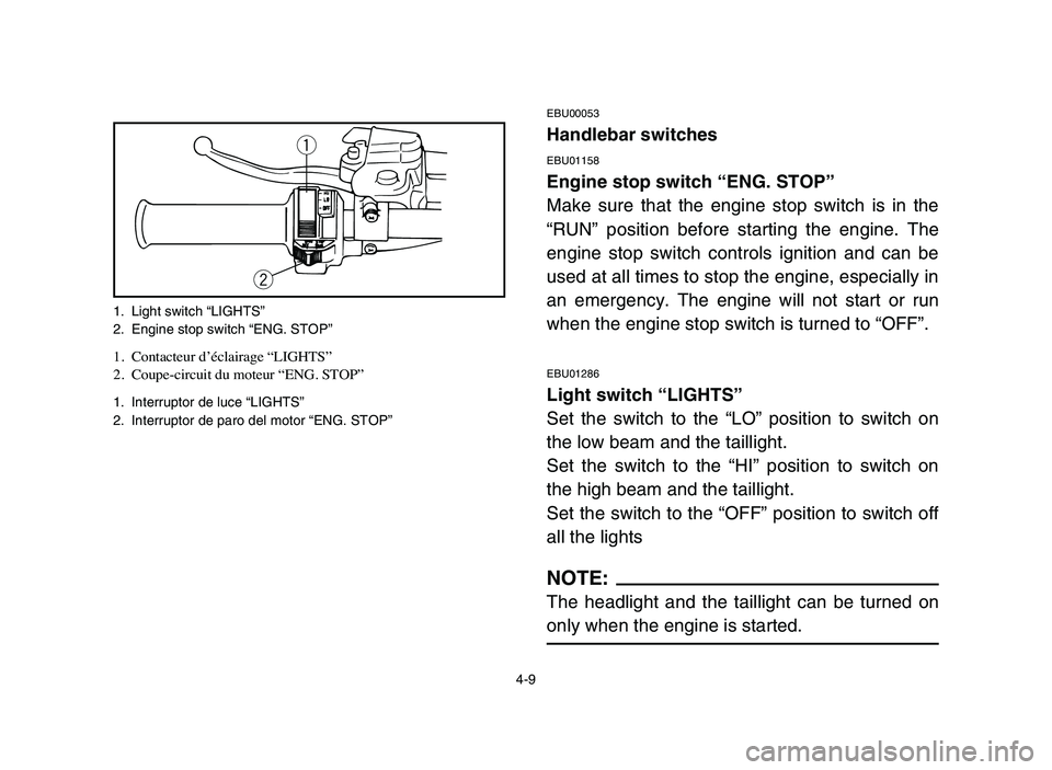 YAMAHA BLASTER 200 2006  Manuale de Empleo (in Spanish) 4-9
EBU00053
Handlebar switches
EBU01158
Engine stop switch “ENG. STOP”
Make sure that the engine stop switch is in the
“RUN” position before starting the engine. The
engine stop switch contro