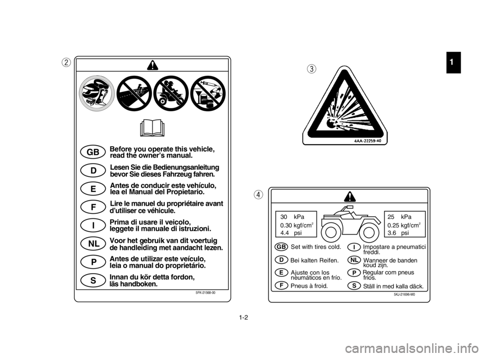 YAMAHA BLASTER 200 2005  Owners Manual 1
1-2
w
e
rq
GB
D
E
F
I
NL
P
SBefore you operate this vehicle,
read the owner’s manual.
Lesen Sie die Bedienungsanleitung
bevor Sie dieses Fahrzeug fahren.
Antes de conducir este vehículo,
lea el M