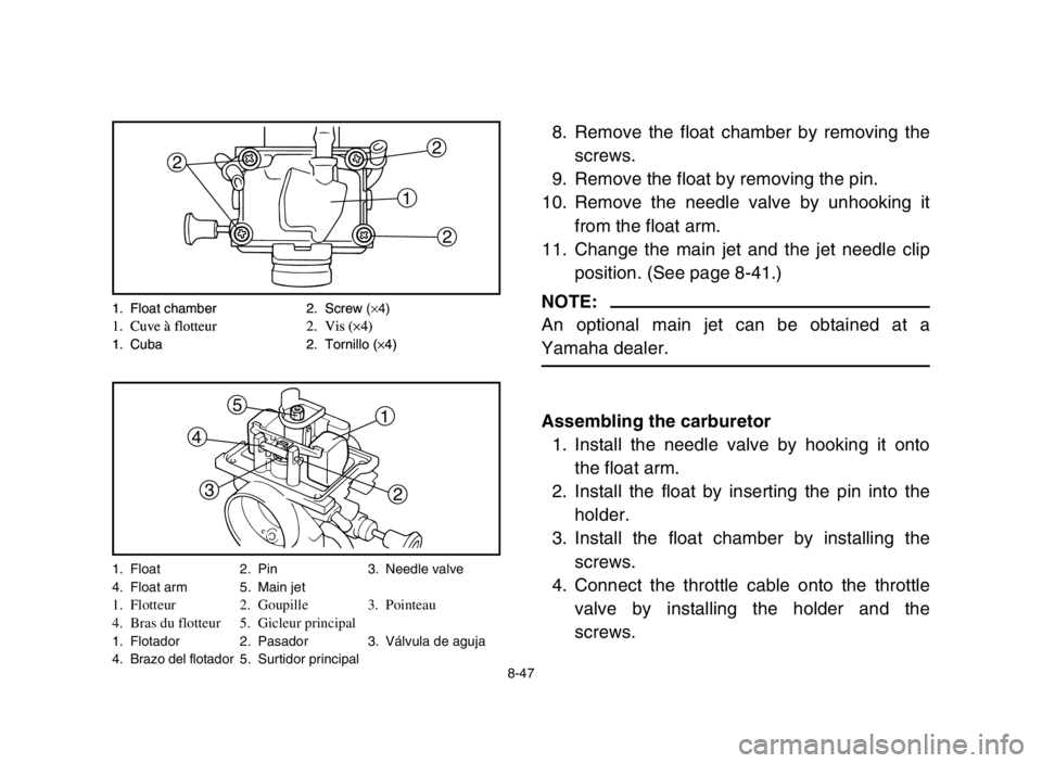 YAMAHA BLASTER 200 2003 Notices Demploi (in French) 1. Float 2. Pin 3. Needle valve
4. Float arm 5. Main jet
1. Flotteur 2. Goupille 3. Pointeau
4. Bras du flotteur 5. Gicleur principal
1. Flotador 2. Pasador 3. Válvula de aguja
4. Brazo del flotador YAMAHA BLASTER 200 2003 Notices Demploi (in French) 1. Float 2. Pin 3. Needle valve
4. Float arm 5. Main jet
1. Flotteur 2. Goupille 3. Pointeau
4. Bras du flotteur 5. Gicleur principal
1. Flotador 2. Pasador 3. Válvula de aguja
4. Brazo del flotador