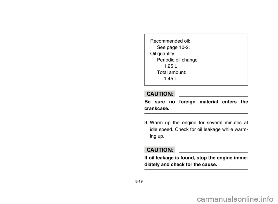YAMAHA BREEZE 2004  Notices Demploi (in French) 8-19
cC
Be sure no foreign material enters the
crankcase.
9. Warm up the engine for several minutes at
idle speed. Check for oil leakage while warm-
ing up.
cC
If oil leakage is found, stop the engine