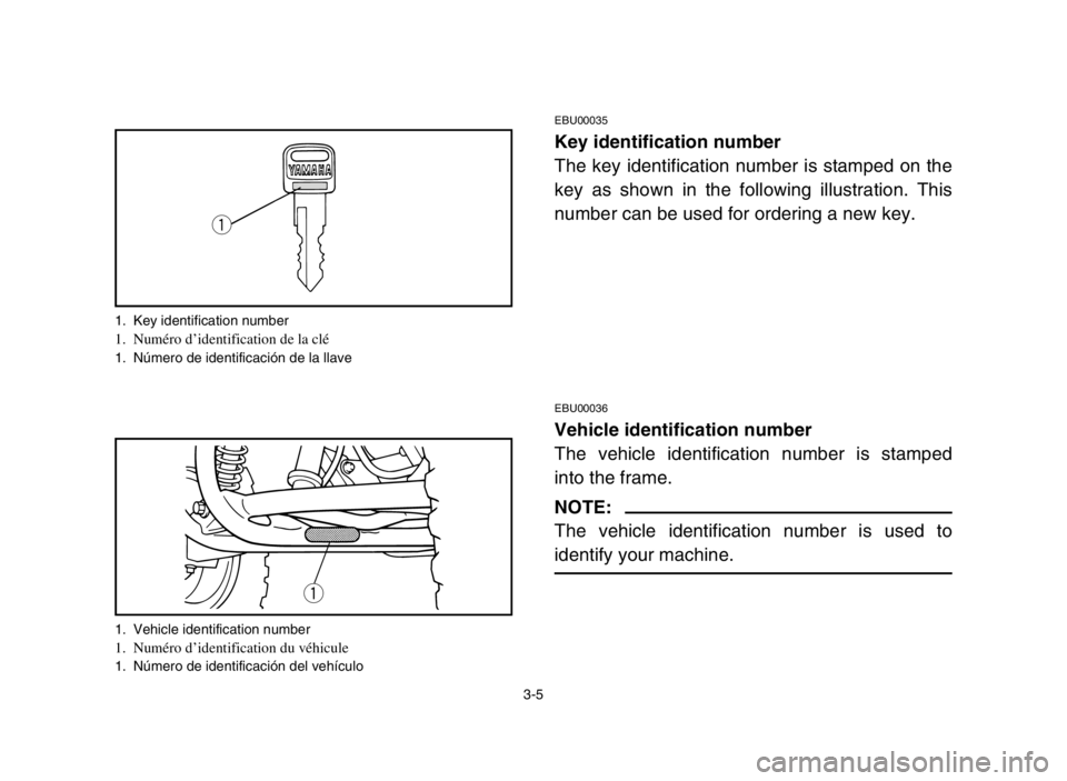 YAMAHA BREEZE 2004  Manuale de Empleo (in Spanish) 3-5
EBU00035
Key identification number
The key identification number is stamped on the
key as shown in the following illustration. This
number can be used for ordering a new key.
EBU00036
Vehicle iden