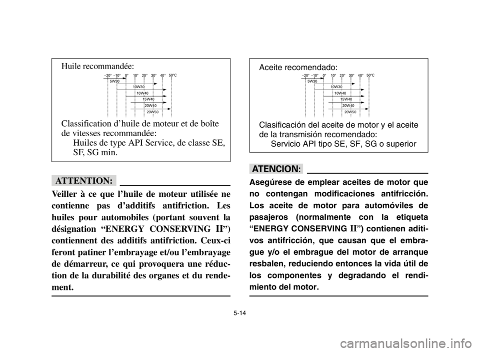 YAMAHA BREEZE 2004  Manuale de Empleo (in Spanish) 5-14
fF
Veiller à ce que l’huile de moteur utilisée ne
contienne pas d’additifs antifriction. Les
huiles pour automobiles (portant souvent la
désignation 
“ENERGY CONSERVING II”)
contiennen