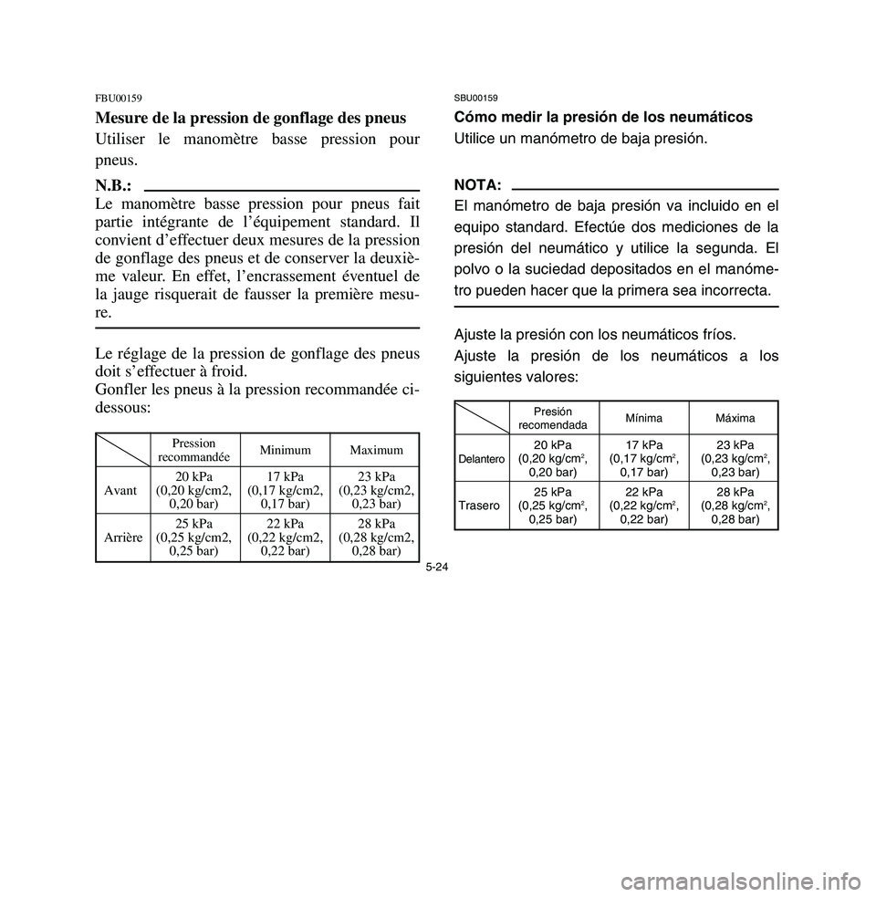 YAMAHA BREEZE 2003 Owners Manual FBU00159Mesure de la pression de gonflage des pneus
Utiliser le manomètre basse pression pour
pneus.N.B.:
Le manomètre basse pression pour pneus fait
partie intégrante de l’équipement standard. YAMAHA BREEZE 2003 Owners Manual FBU00159Mesure de la pression de gonflage des pneus
Utiliser le manomètre basse pression pour
pneus.N.B.:
Le manomètre basse pression pour pneus fait
partie intégrante de l’équipement standard.