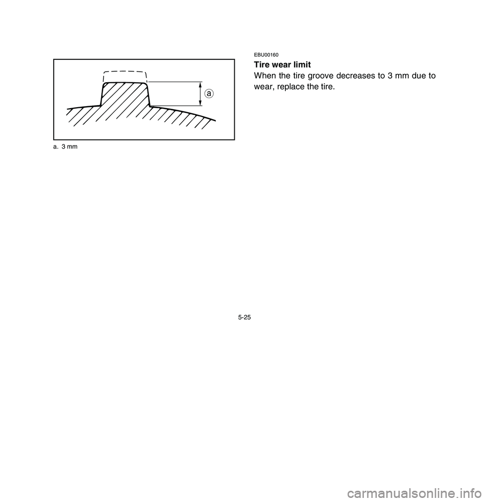 YAMAHA BREEZE 2003 Owners Manual 5-25
EBU00160Tire wear limit
When the tire groove decreases to 3 mm due to
wear, replace the tire.
a
a. 3 mm
5VJ-9-60-05 3/26/02 9:14 PM Page 26 YAMAHA BREEZE 2003 Owners Manual 5-25
EBU00160Tire wear limit
When the tire groove decreases to 3 mm due to
wear, replace the tire.
a
a. 3 mm
5VJ-9-60-05 3/26/02 9:14 PM Page 26