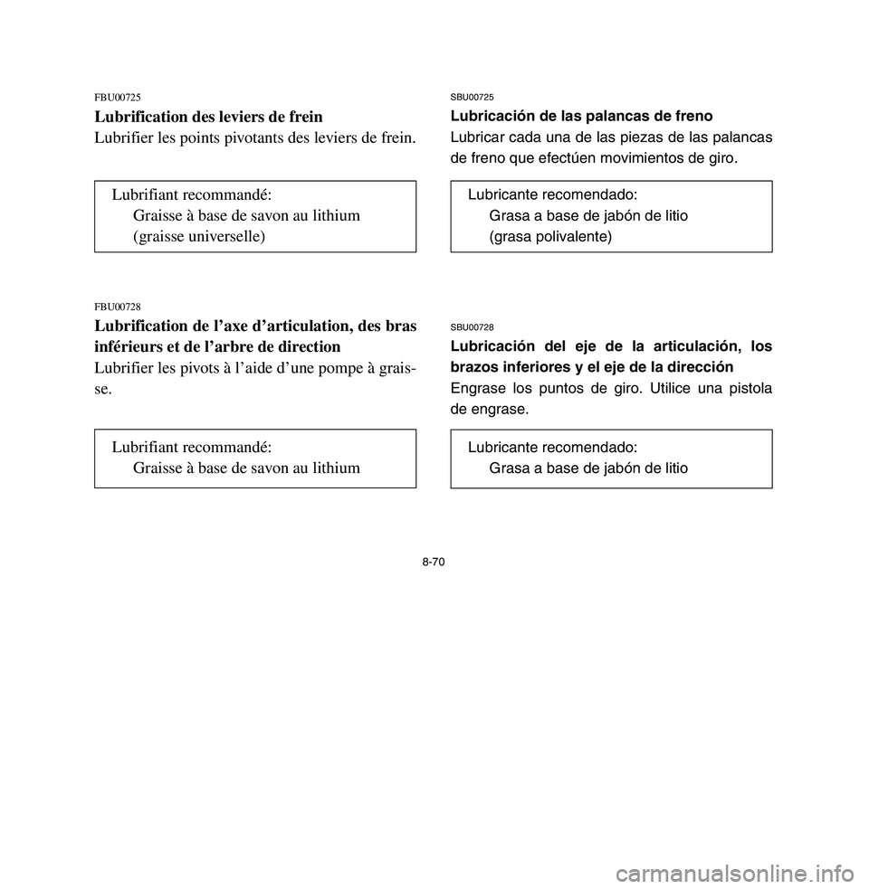 YAMAHA BREEZE 2003 Owners Manual 8-70
FBU00725Lubrification des leviers de frein
Lubrifier les points pivotants des leviers de frein.FBU00728Lubrification de l’axe d’articulation, des bras
inférieurs et de l’arbre de direction YAMAHA BREEZE 2003 Owners Manual 8-70
FBU00725Lubrification des leviers de frein
Lubrifier les points pivotants des leviers de frein.FBU00728Lubrification de l’axe d’articulation, des bras
inférieurs et de l’arbre de direction