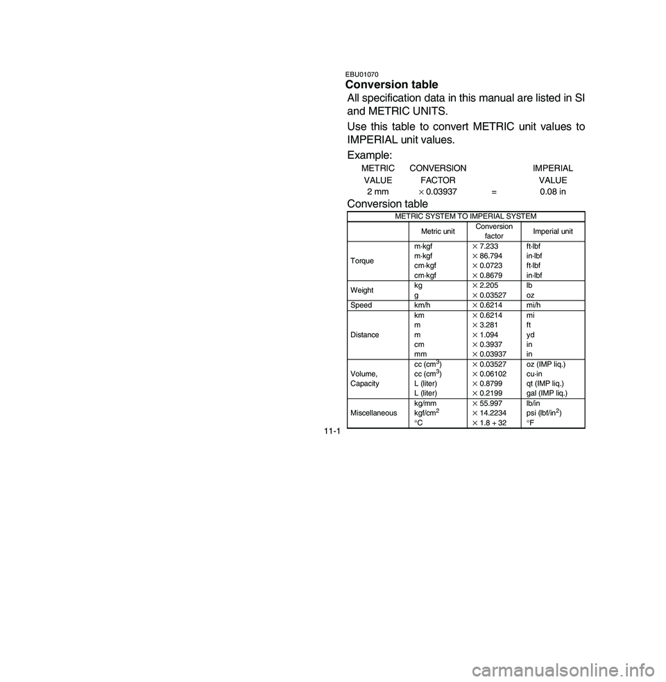 YAMAHA BREEZE 2003  Manuale de Empleo (in Spanish) 11-1
All specification data in this manual are listed in SI
and METRIC UNITS. 
Use this table to convert METRIC unit values to
IMPERIAL unit values.
Example:
METRIC 
VALUECONVERSION
FACTORIMPERIAL
VAL