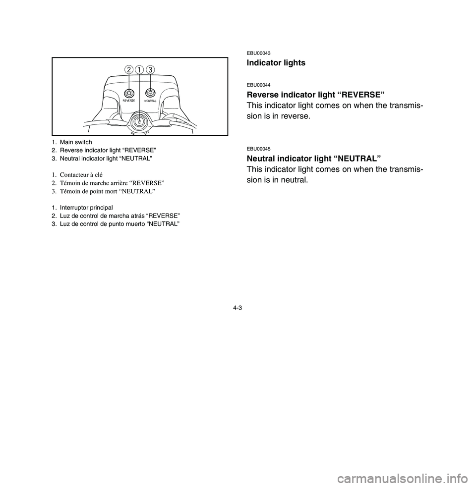 YAMAHA BREEZE 2003 Workshop Manual 4-3
EBU00043Indicator lightsEBU00044Reverse indicator light “REVERSE”
This indicator light comes on when the transmis-
sion is in reverse.EBU00045Neutral indicator light “NEUTRAL”
This indicat