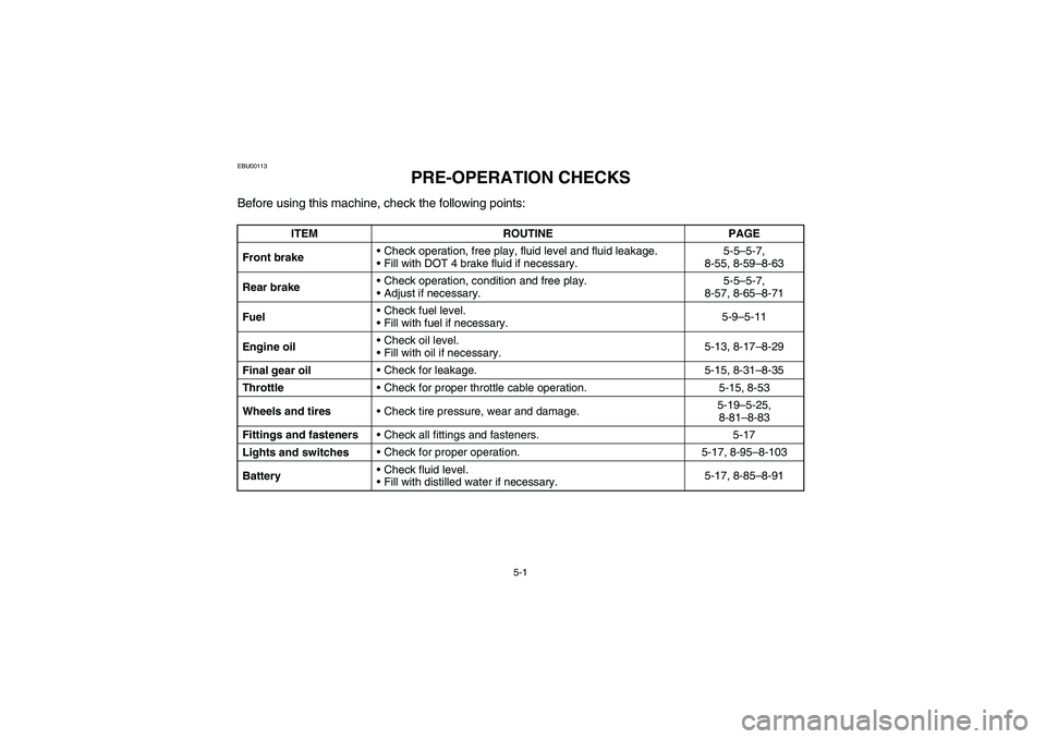 YAMAHA BRUIN 250 2006 Manuale de Empleo (in Spanish) 5-1
EBU00113
1-PRE-OPERATION CHECKS
Before using this machine, check the following points:
ITEM ROUTINE PAGE
Front brakeCheck operation, free play, fluid level and fluid leakage.
Fill with DOT 4 bra YAMAHA BRUIN 250 2006 Manuale de Empleo (in Spanish) 5-1
EBU00113
1-PRE-OPERATION CHECKS
Before using this machine, check the following points:
ITEM ROUTINE PAGE
Front brakeCheck operation, free play, fluid level and fluid leakage.
Fill with DOT 4 bra
