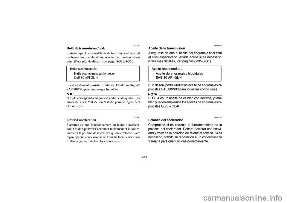 YAMAHA BRUIN 250 2006  Manuale de Empleo (in Spanish) 5-16
FBU00493
Huile de transmission finale
S’assurer que le niveau d’huile de transmission finale est
conforme aux spécifications. Ajouter de l’huile si néces-
saire. (Pour plus de détails, v