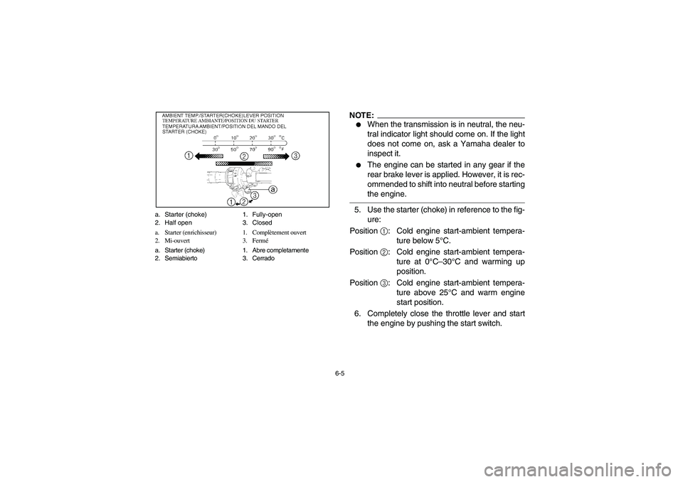 YAMAHA BRUIN 250 2006  Owners Manual 6-5 a. Starter (choke) 1. Fully-open
2. Half open 3. Closed
a. Starter (enrichisseur) 1. Complètement ouvert
2. Mi-ouvert 3. Fermé
a. Starter (choke) 1. Abre completamente
2. Semiabierto 3. Cerrado
