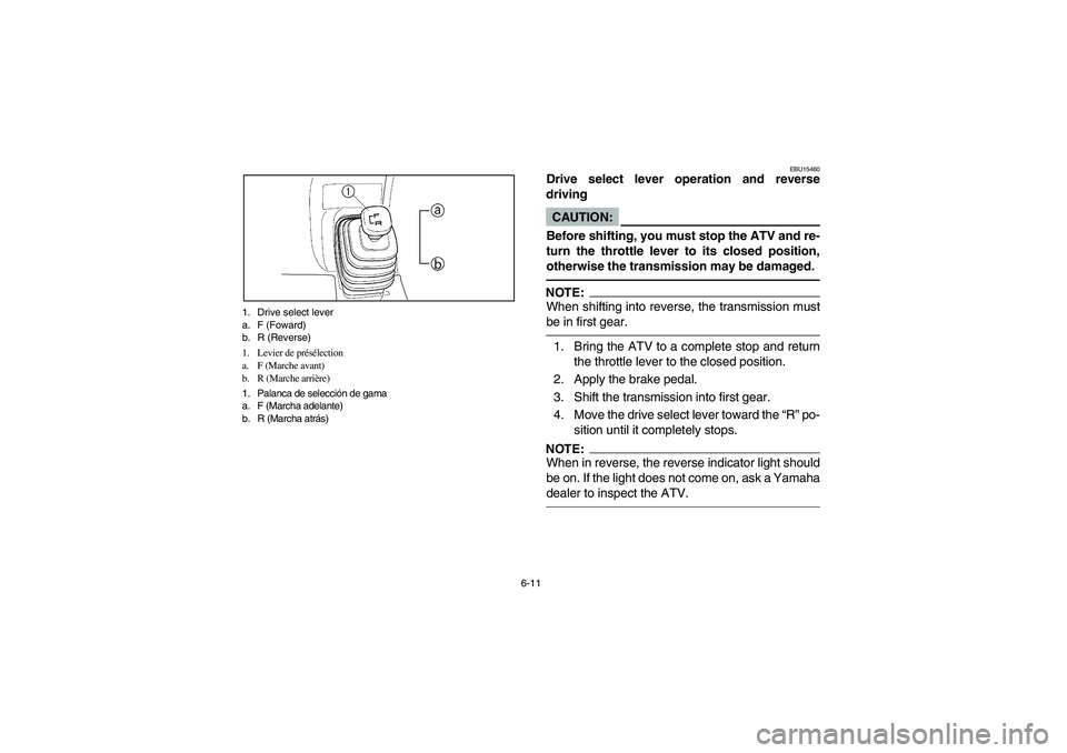 YAMAHA BRUIN 250 2006  Owners Manual 6-11 1. Drive select lever
a. F (Foward)
b. R (Reverse)
1. Levier de présélection
a. F (Marche avant)
b. R (Marche arrière)
1. Palanca de selección de gama
a. F (Marcha adelante)
b. R (Marcha atr