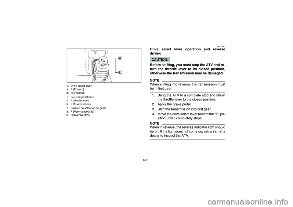 YAMAHA BRUIN 250 2006  Manuale de Empleo (in Spanish) 6-11 1. Drive select lever
a. F (Foward)
b. R (Reverse)
1. Levier de présélection
a. F (Marche avant)
b. R (Marche arrière)
1. Palanca de selección de gama
a. F (Marcha adelante)
b. R (Marcha atr�