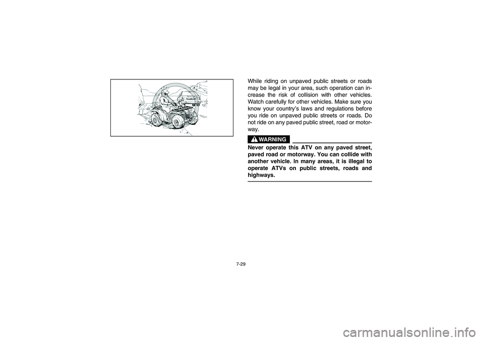 YAMAHA BRUIN 250 2006  Owners Manual 7-29
While riding on unpaved public streets or roads
may be legal in your area, such operation can in-
crease the risk of collision with other vehicles.
Watch carefully for other vehicles. Make sure y