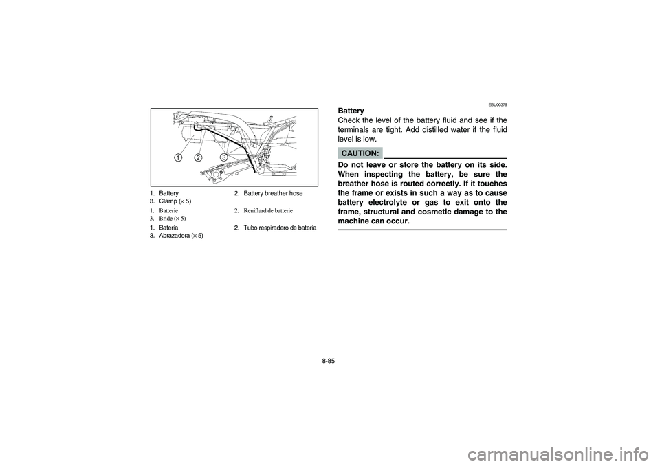 YAMAHA BRUIN 250 2006  Owners Manual 8-85 1. Battery 2. Battery breather hose
3. Clamp (× 5)
1. Batterie  2. Reniflard de batterie
3. Bride (× 5)
1. Batería 2. Tubo respiradero de batería
3. Abrazadera (× 5)
EBU00379
Battery
Check t