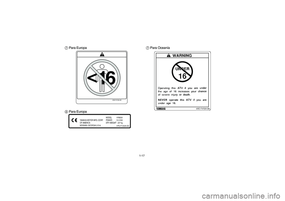 YAMAHA BRUIN 250 2006 Service Manual 1-17
7 Para Europa
8 Para Europa7 Para Oceanía
4XE-F415A-20
<
16
EE.book  Page 17  Friday, May 27, 2005  5:00 PM 