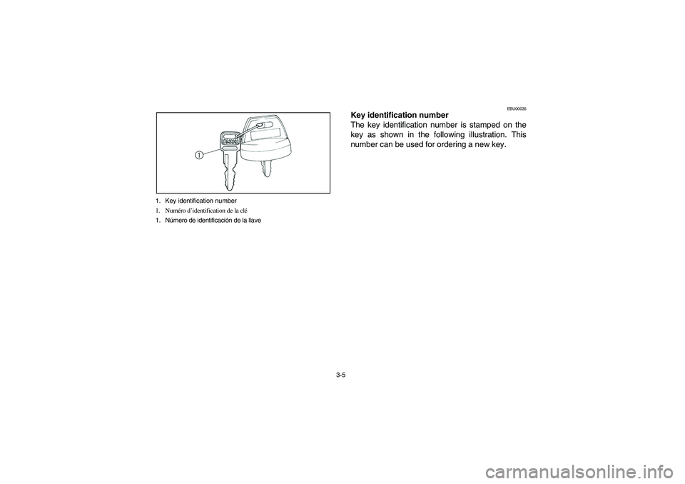 YAMAHA BRUIN 250 2006 Repair Manual 3-5 1. Key identification number
1. Numéro d’identification de la clé
1. Número de identificación de la llave
EBU00035
Key identification number
The key identification number is stamped on the
k