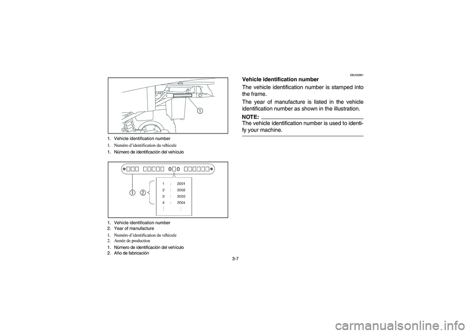 YAMAHA BRUIN 250 2006 Manual PDF 3-7 1. Vehicle identification number 
1. Numéro d’identification du véhicule 
1. Número de identificación del vehículo 
1. Vehicle identification number
2. Year of manufacture
1. Numéro d’id